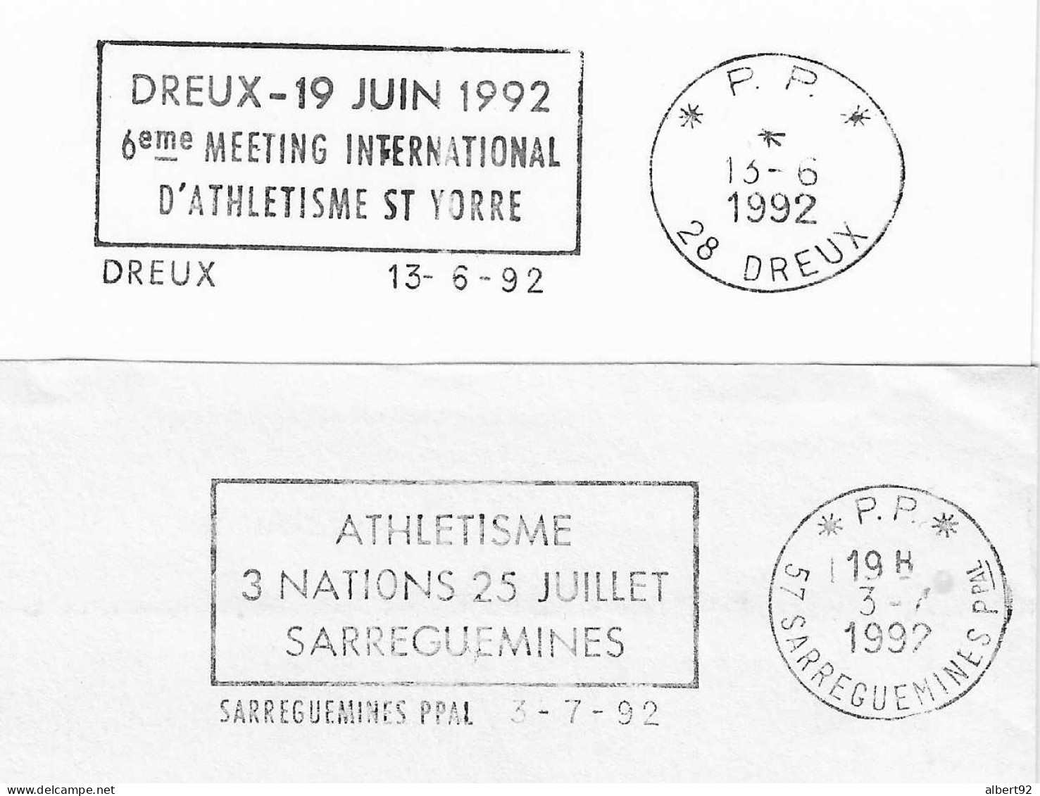 1992 Flammes Postales Sarreguemines + Dreux En Port Payé (P.P.); Athlétisme. - Mechanical Postmarks (Advertisement)