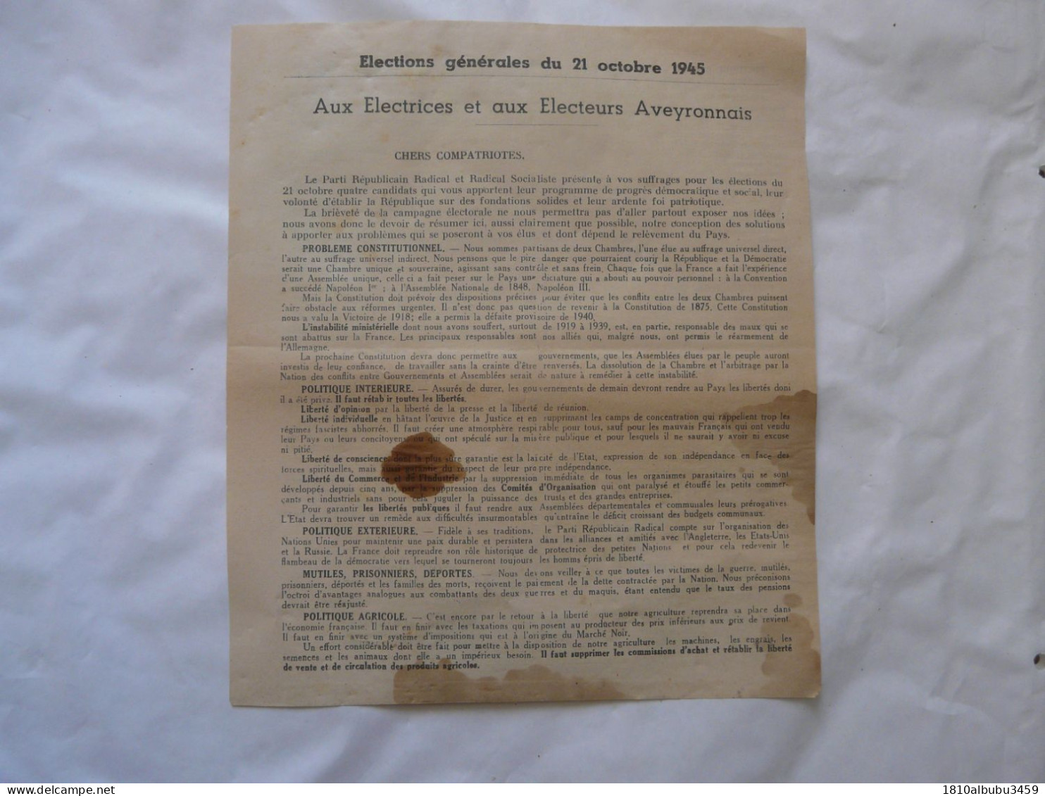 TRACT - ELECTIONS GENERALES Du 21 Octobre 1945 - Parti Républicain Radical - AVEYRON - Historical Documents