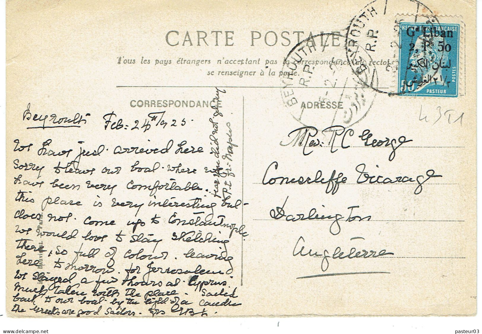 43  Type 1 Gd Liban 2,50 P Piastre (20) Carte Postale Pour La Grande Bretagne Tarifs Du 25-07-1924 - Storia Postale
