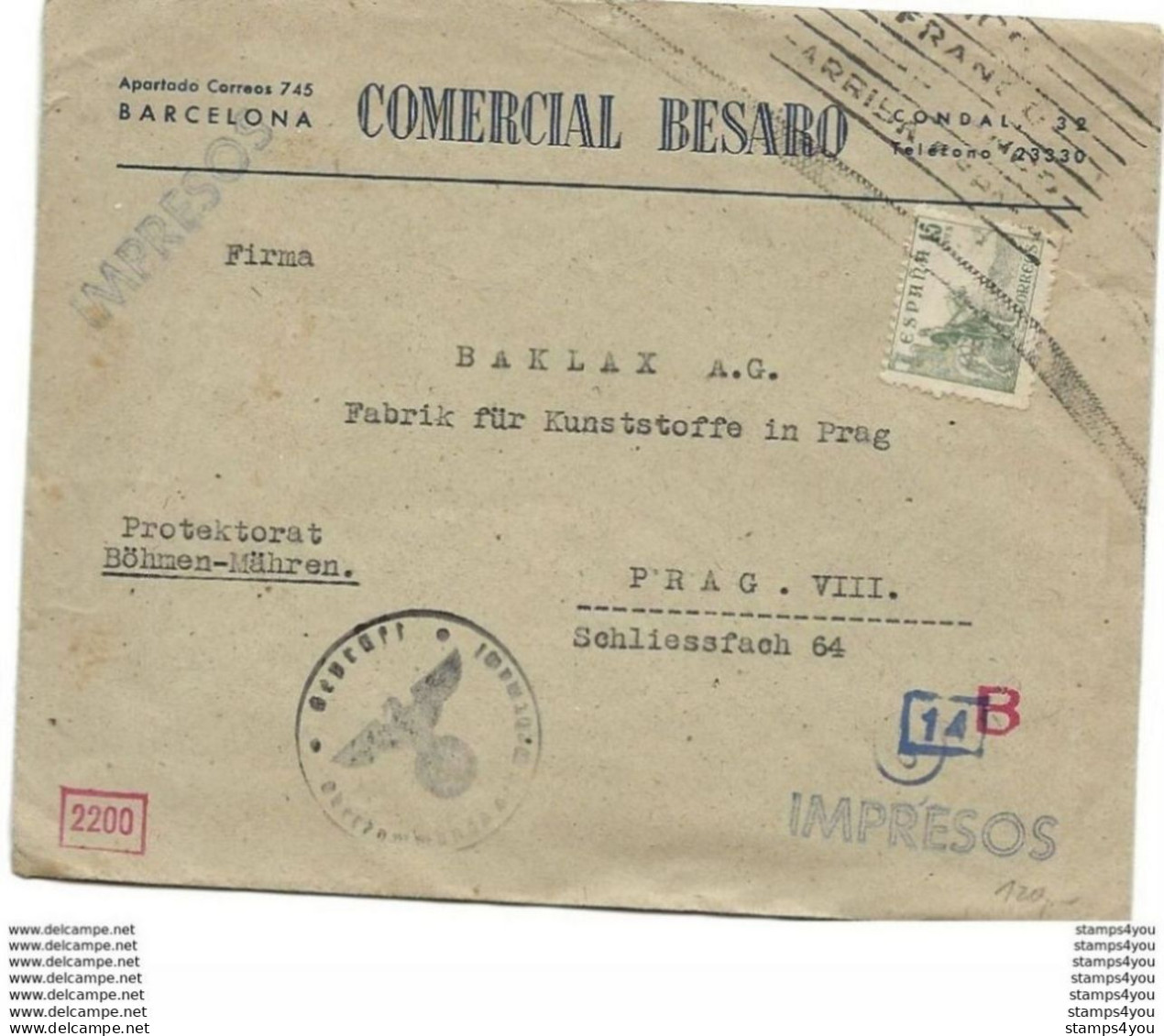 221 - 9 - Enveloppe Envoyée De Barcelona à Prag - Censure - Guerre Mondiale (Seconde)
