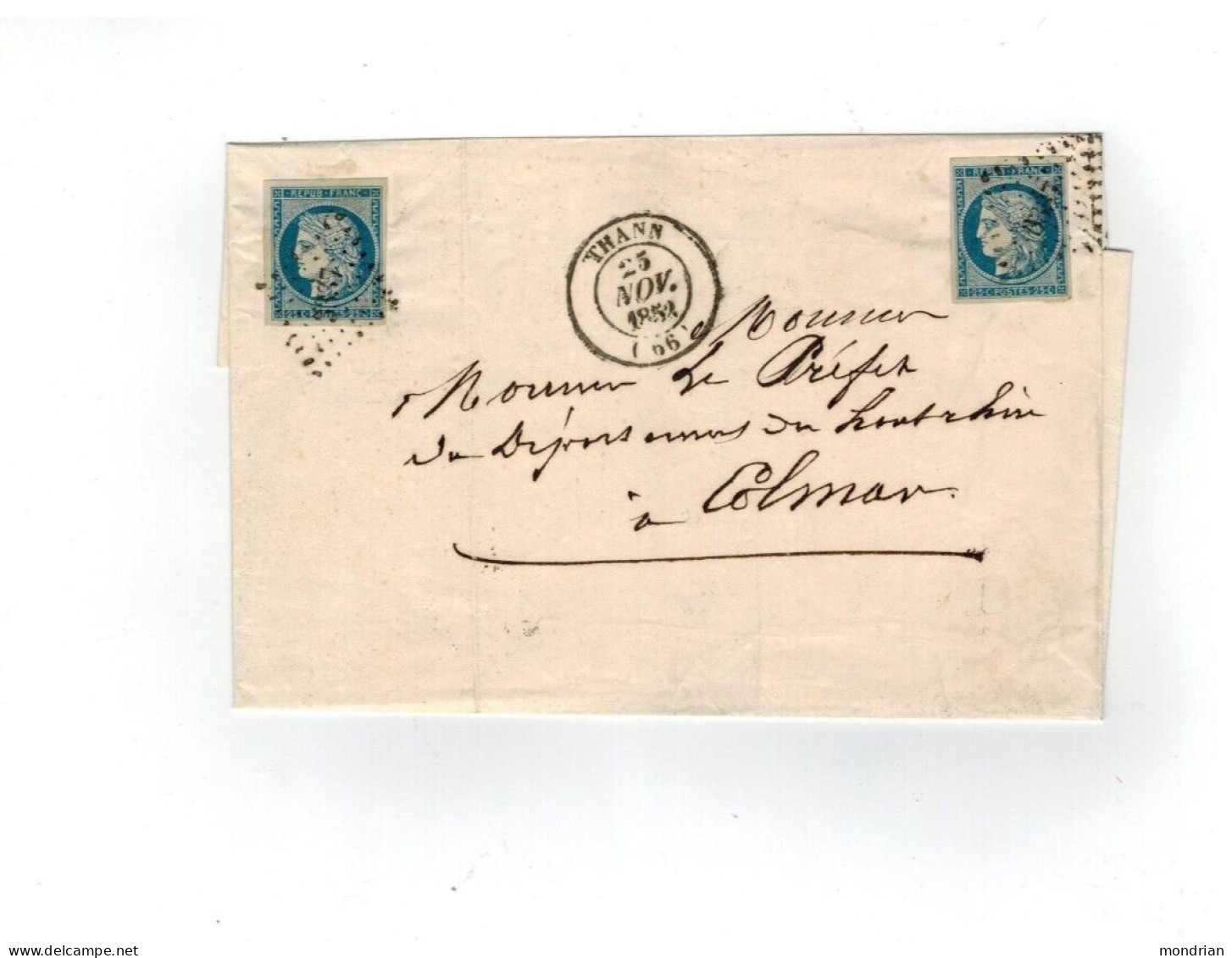 LETTRE CERES 25C X2 N4 DE THANN A COLMAR 1852 TTB MARGES - 1849-1876: Période Classique