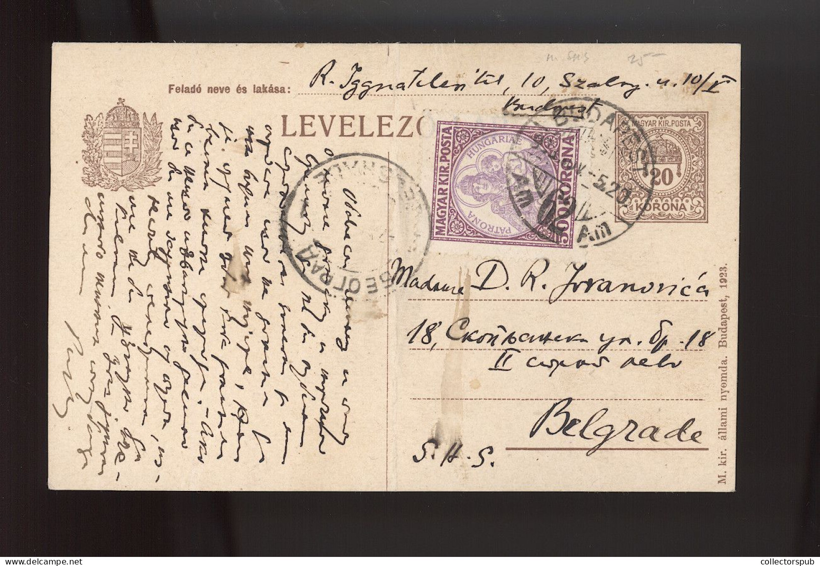 BUDAPEST  1923,. Inflation Ps Card With Madonna 500K To Belgrad - Cartas & Documentos