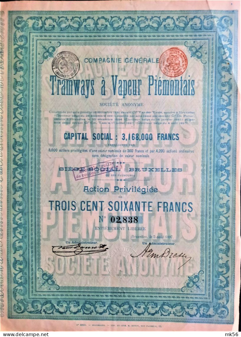 Tramways à Vapeur Piémontais - Action Priviligiée De 360 Francs (1897) - Spoorwegen En Trams