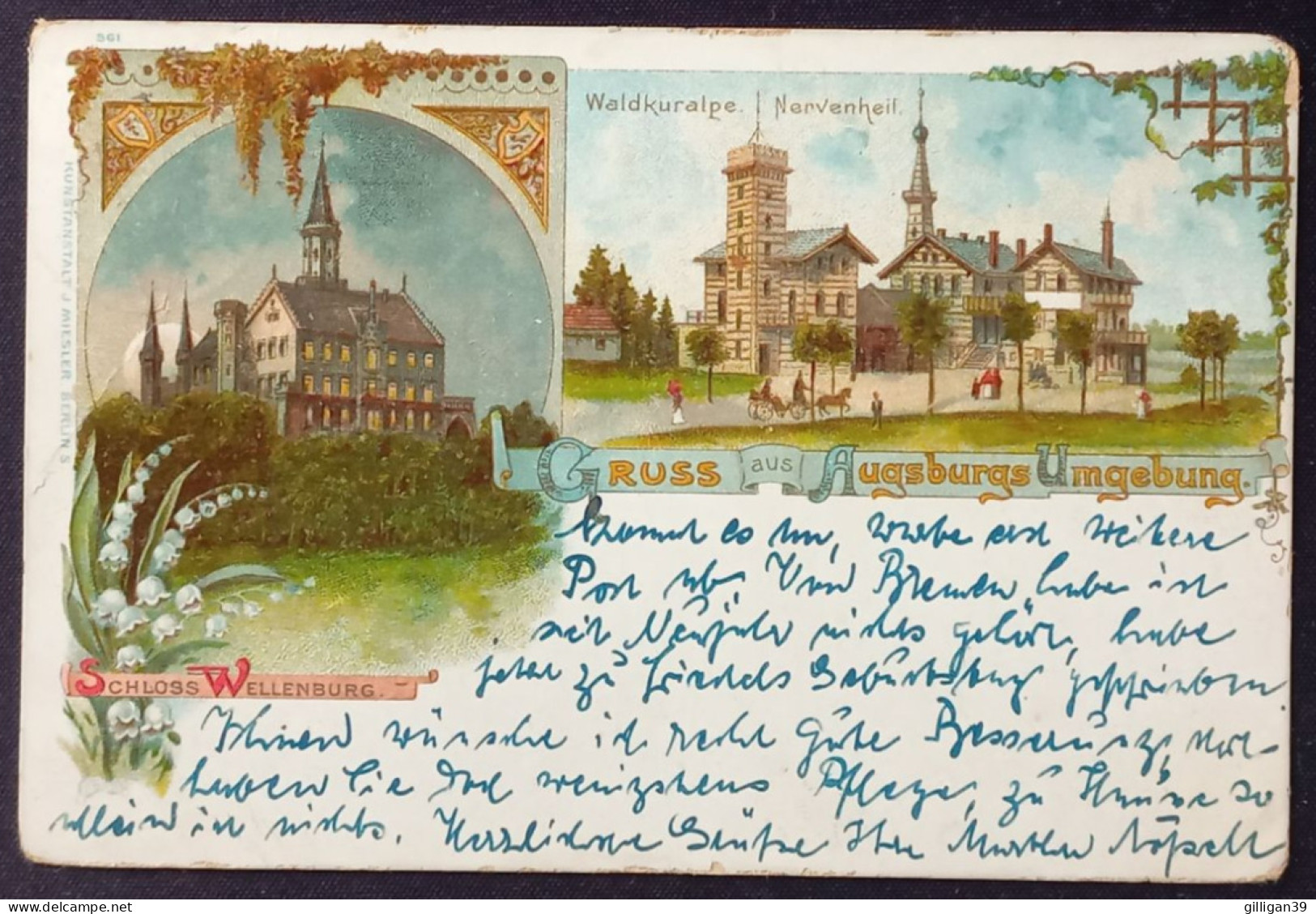 AUGSBURGS UMGEBUNG: Schloss Wellenburg, Waldkuralpe Nervenheil, Litho, 1949 Gelaufen - Augsburg