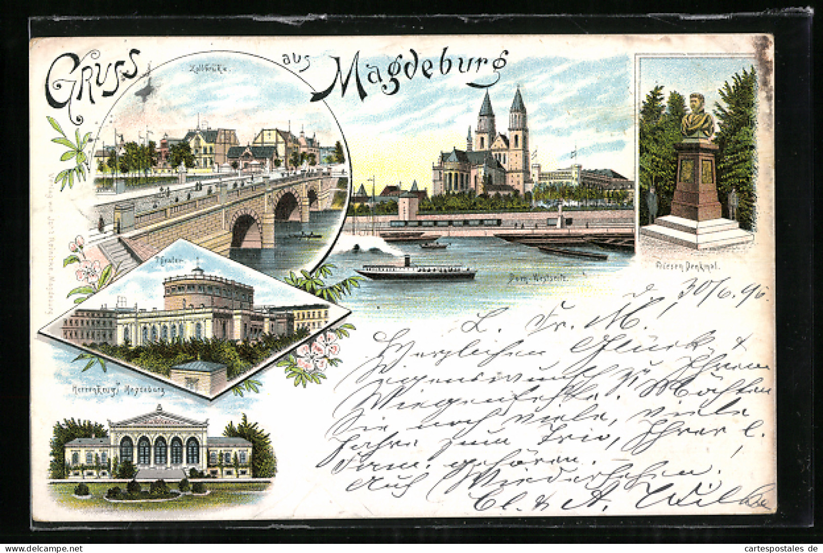 Lithographie Magdeburg, Theater, Herrenkrug, Zollbrücke  - Teatro