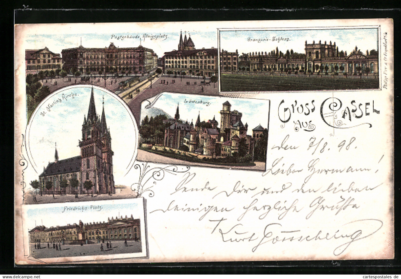 Lithographie Kassel, Postgebäude, Königsplatz, Orangerie-Schloss, St. Martins Kirche, Löwenburg  - Kassel