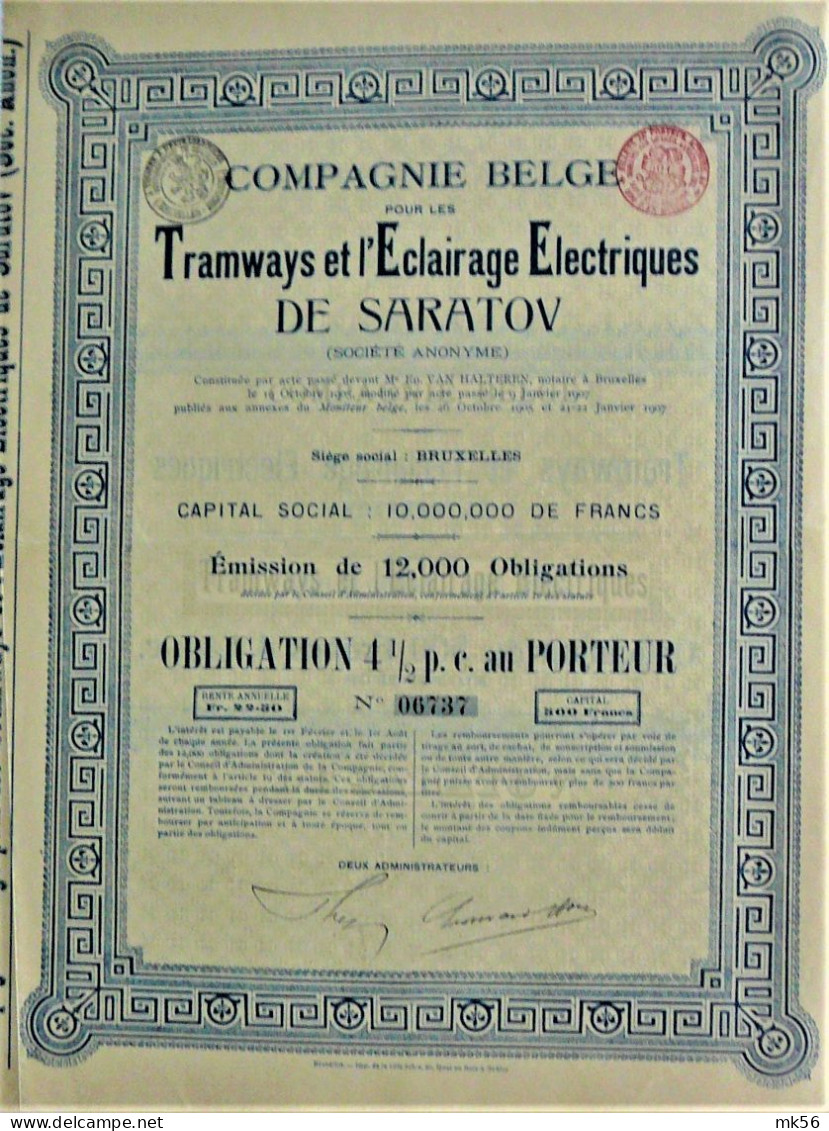 S.A. Cie Belge Pour Les Tramways Et Eclairage Electrique De SARATOV-obl 4.5% - Bahnwesen & Tramways