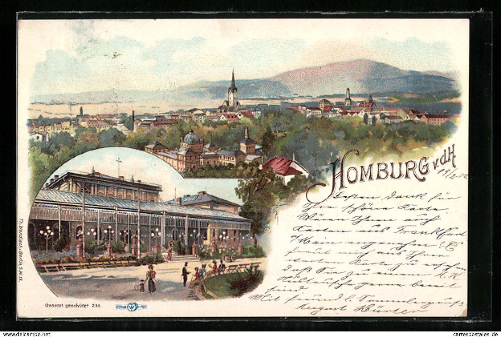 Lithographie Bad Homburg, Gasthaus, Ortsansicht Aus Der Vogelschau  - Bad Homburg