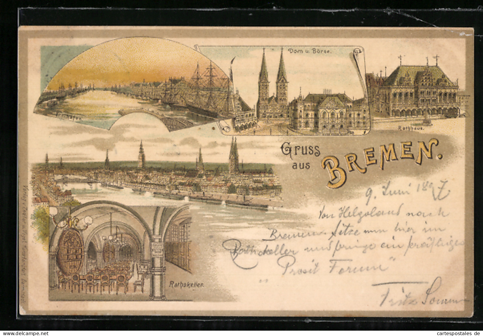 Lithographie Bremen, Gasthaus Rathskeller, Dom U. Börse, Rathaus  - Bremen