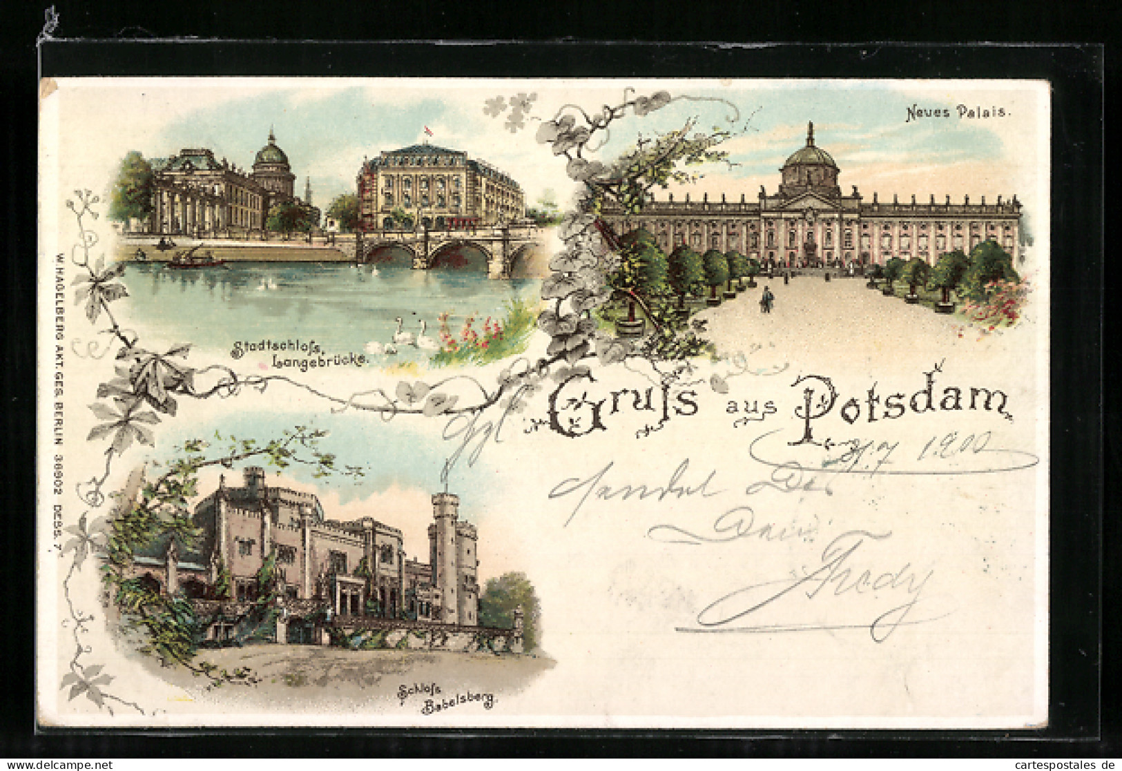 Lithographie Potsdam, Neues Palais, Stadtschloss U. Langebrücke, Schloss Babelsberg  - Potsdam