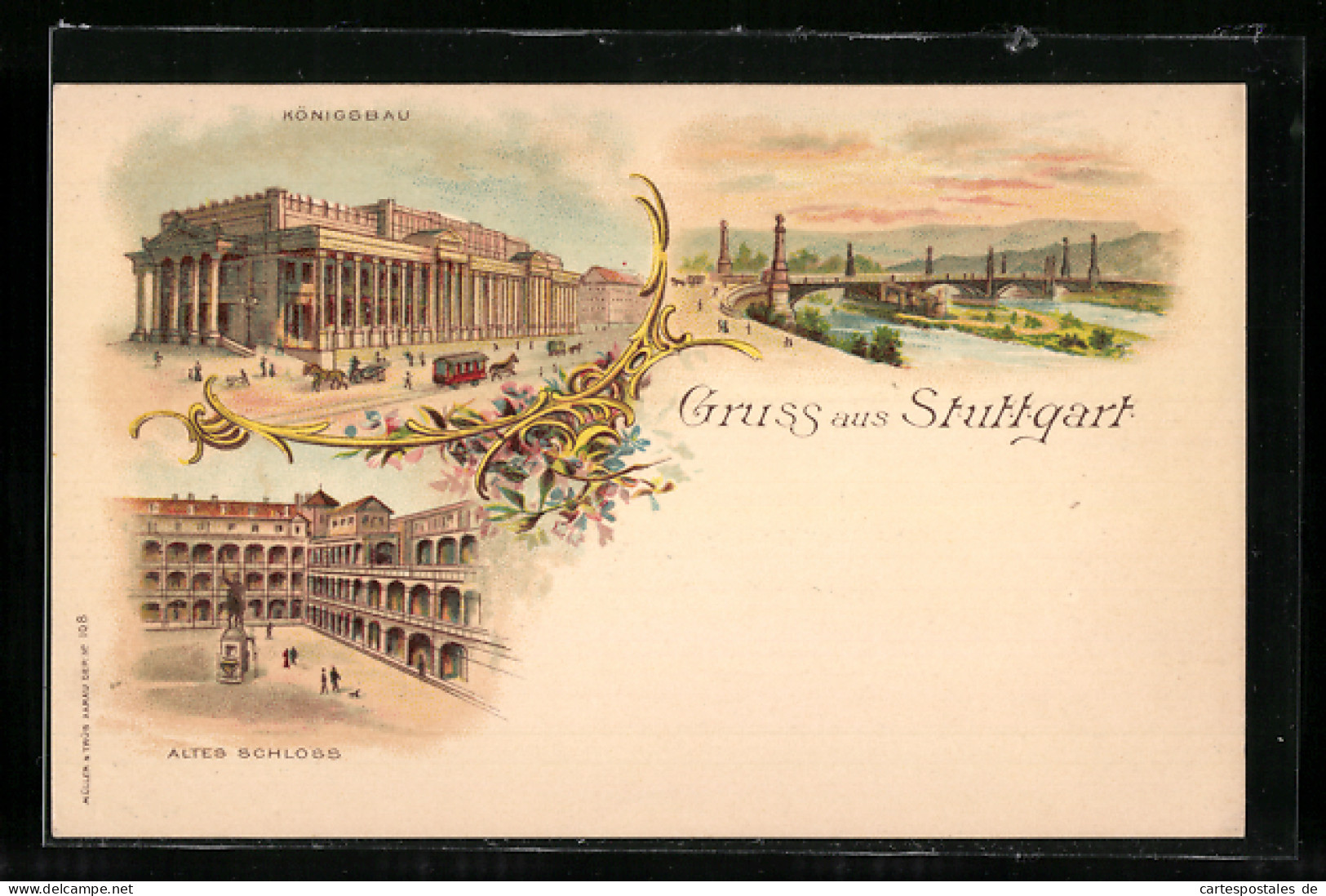 Lithographie Stuttgart, Panorama, Königsbau, Altes Schloss  - Stuttgart