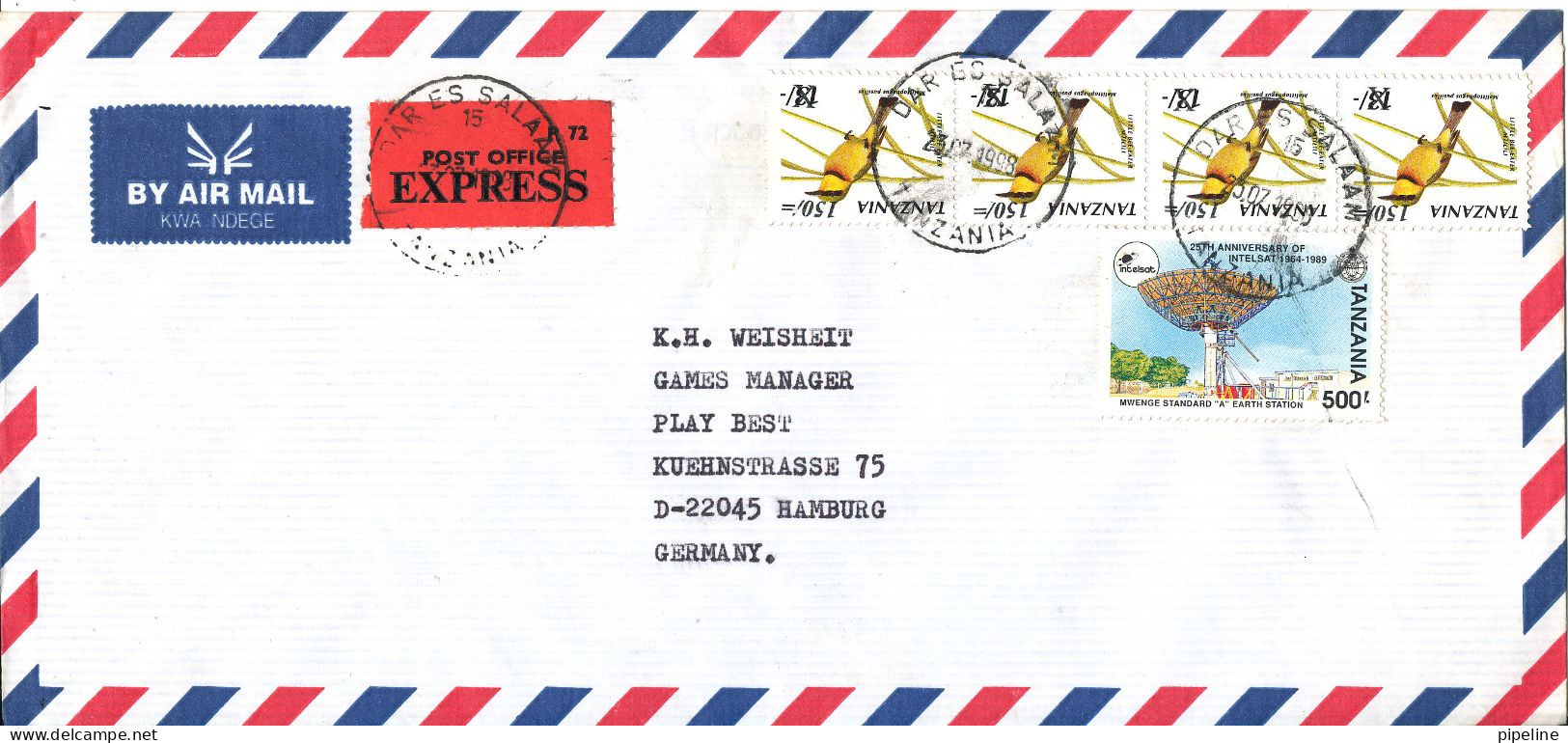 Tanzania Air Mail Cover Sent Express To Germany 23-7-1998 Overprinted BIRD Stamps - Tansania (1964-...)