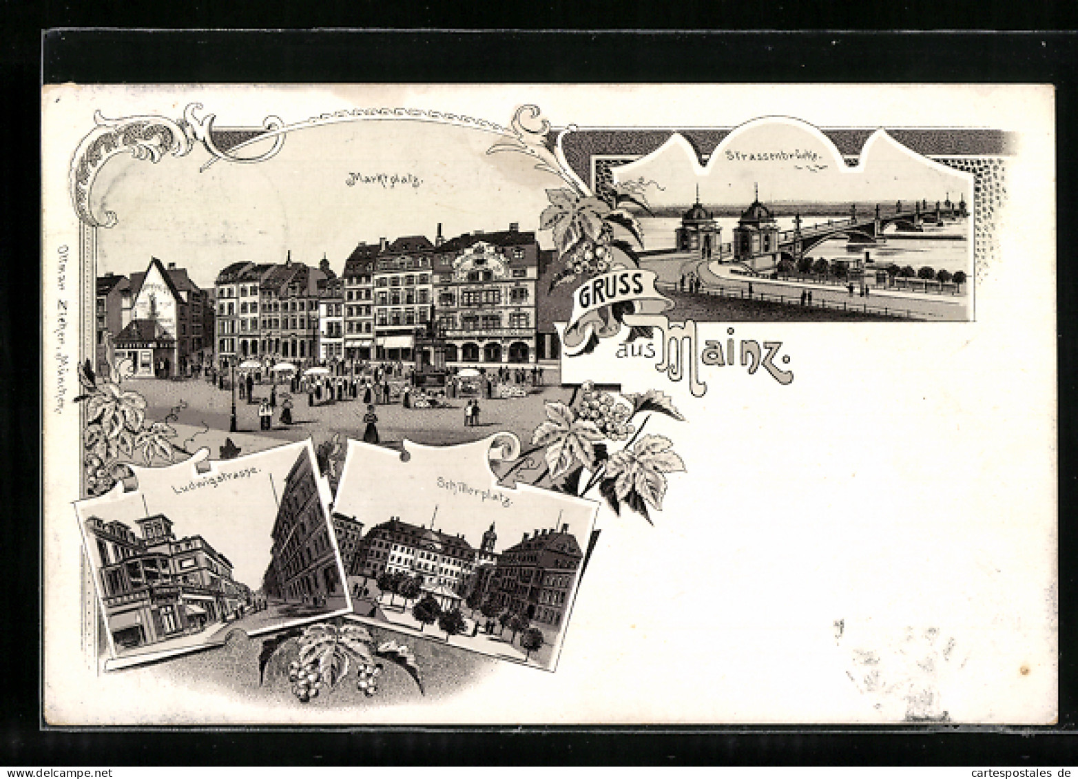 Lithographie Mainz, Ludwigstrasse, Strassenbrücke, Marktplatz  - Mainz