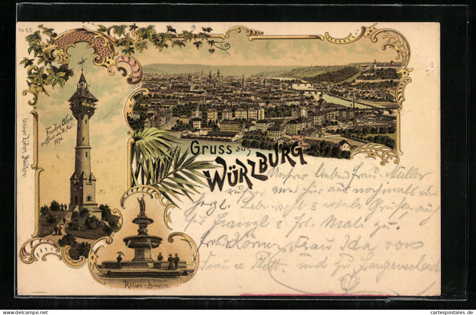 Lithographie Würzburg, Teilansicht, Franken-Warte Eröffnet 1894, Kilian-Brunnen  - Würzburg