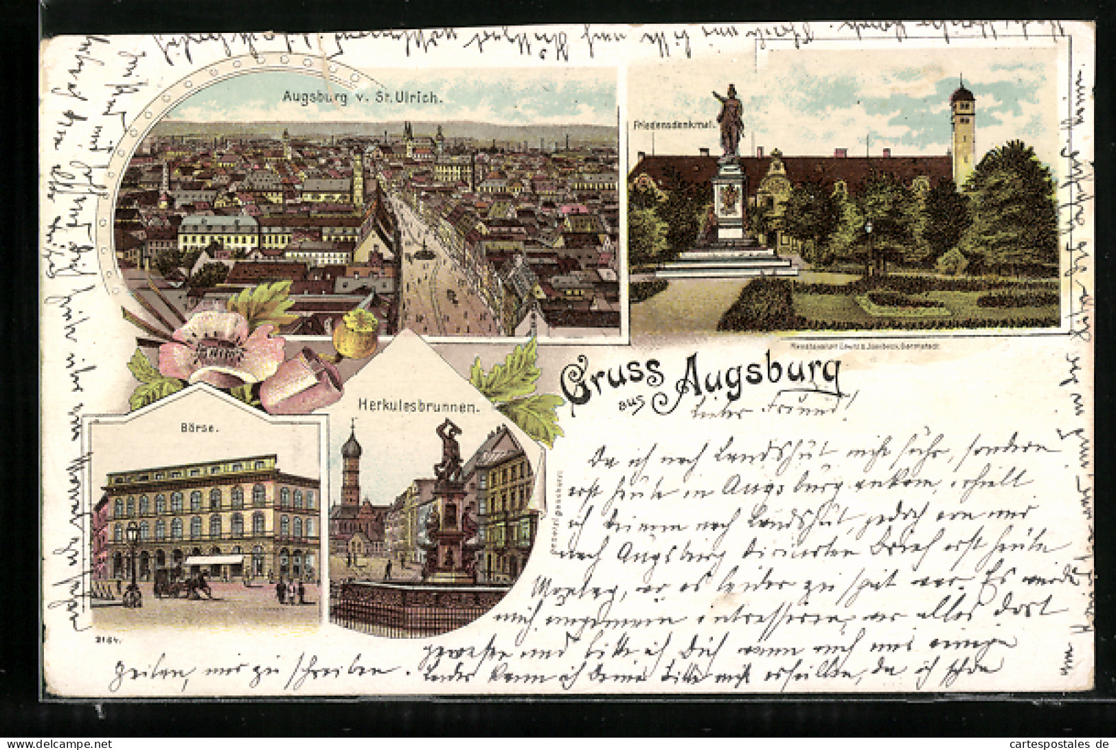 Lithographie Augsburg, Börse, Herkulesbrunnen, Friedensdenkmal  - Augsburg