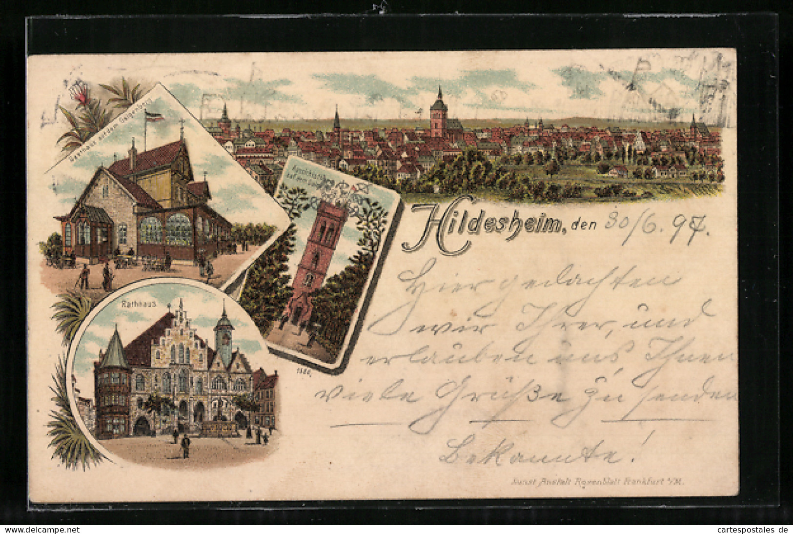 Lithographie Hildesheim, Ortsansicht Mit Rathaus Und Gasthaus Auf Dem Galgenberg  - Hildesheim