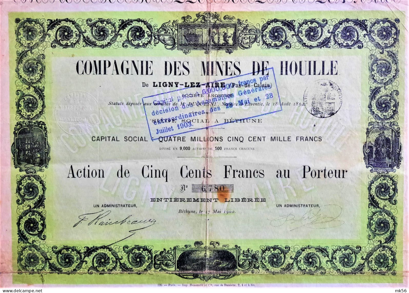 Compagnie Des Mines De Houille De Ligny-Lez-Aire (Béthune - 1900) - Action De 500 Francs - Bergbau