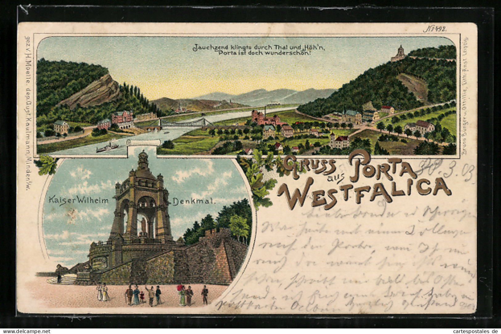 Lithographie Porta Westfalica, Kaiser Wilhelm Denkmal, Ortsansicht Mit Dampfer, Weserbrücke Und Eisenbahn  - Porta Westfalica