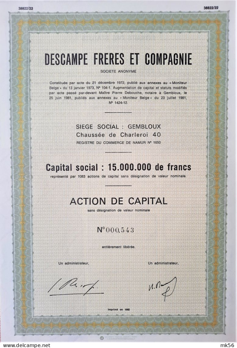 Descampe Frères Et Compagnie - Gembloux - Action De Capital - 1981 - Autres & Non Classés