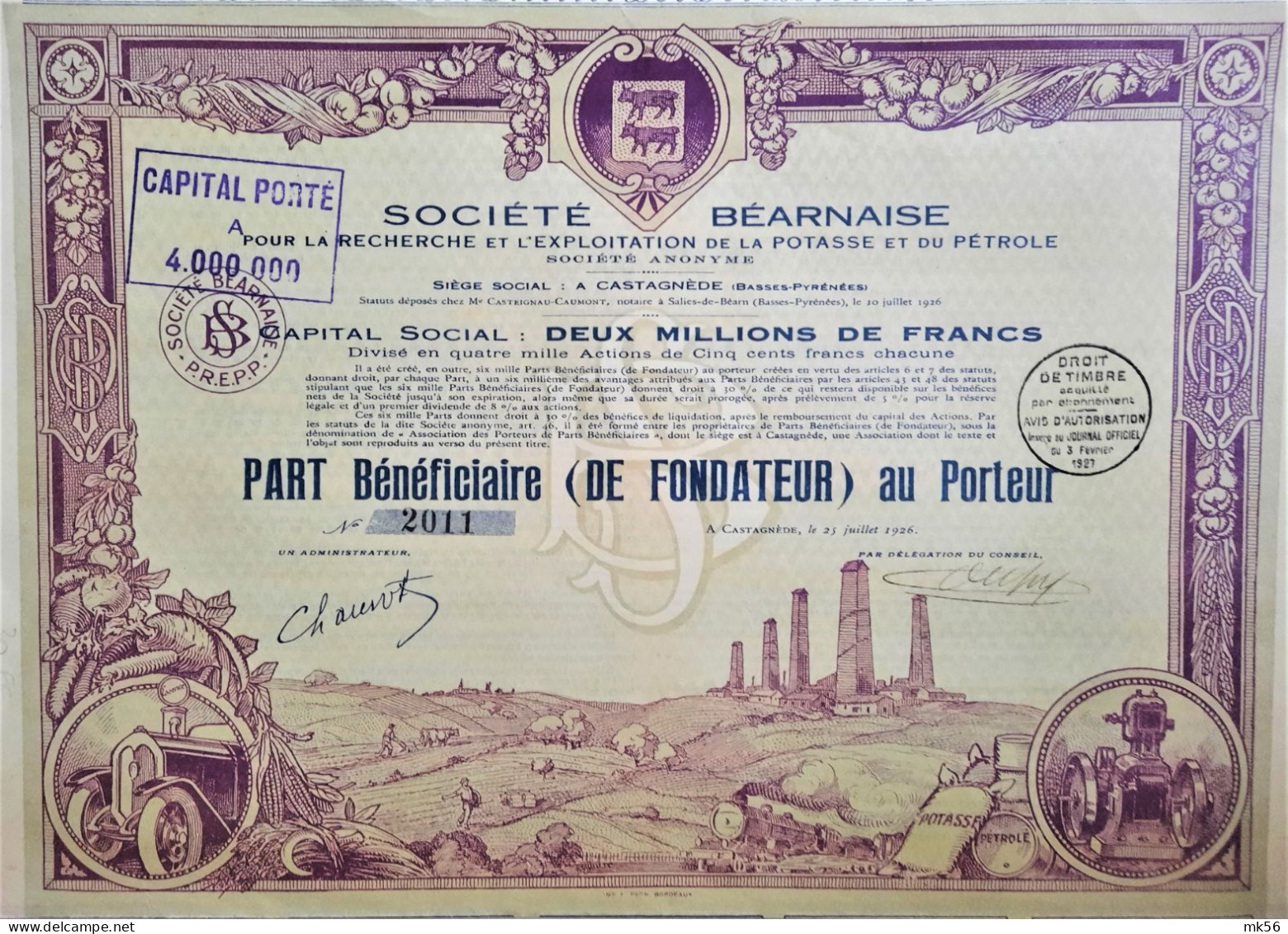 Société Béarnaise  Pour La Recherche Et L'exploitation De La Potasse Et Du Pétrole - 1927 - Part Bénéficiaire - Castagnè - Aardolie