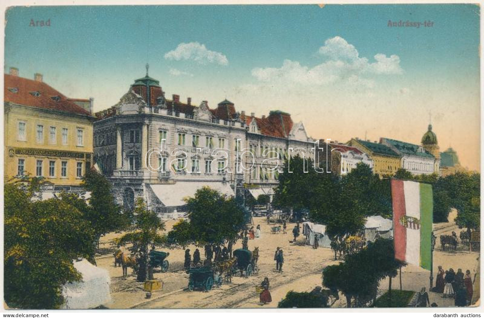 T2/T3 1916 Arad, Andrássy Tér, Piac, Aradi Közgazdasági Bank R.T., Szálloda. Kerpel Izsó Kiadása / Square, Market, Bank, - Non Classés