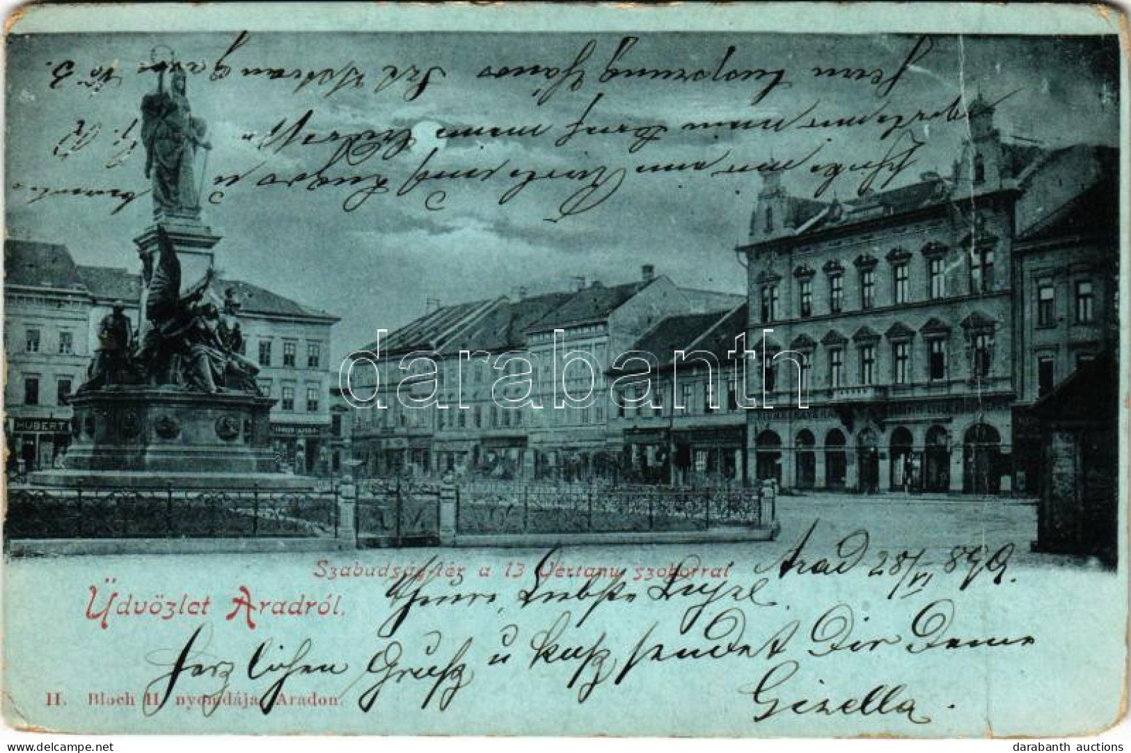 * T4 1899 (Vorläufer) Arad, Szabadság Tér, 13 Vértanú Szobor, Rosenberg és Derestye Gyula üzlete, Fiume Kávéház. H. Bloc - Non Classificati