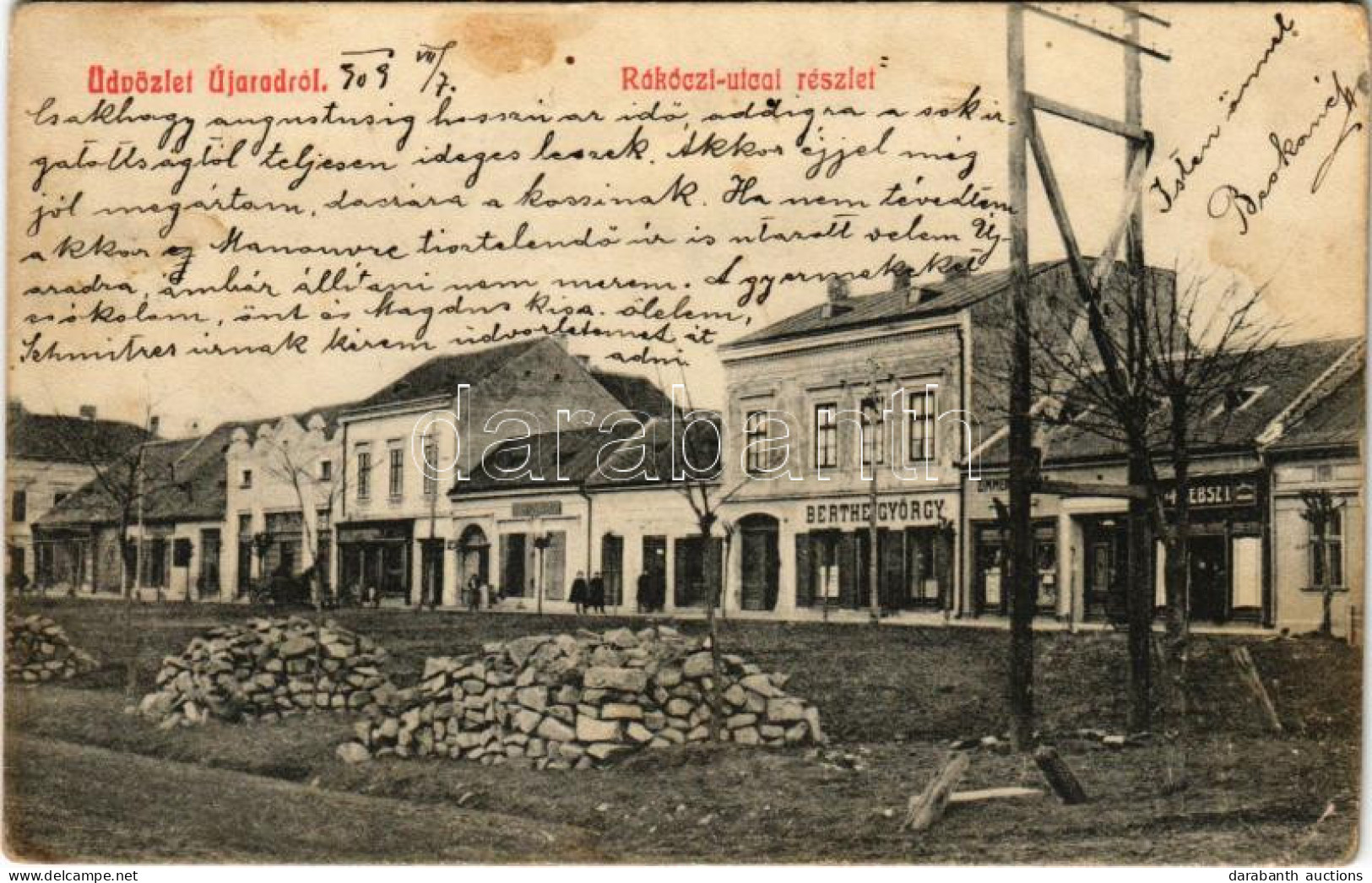 T2/T3 1909 Arad, Újarad, Aradul Nou; Rákóczi Utca, Berthe György és Zimmer üzlete. Mayr Lajos Kiadása / Street, Shops - Non Classificati