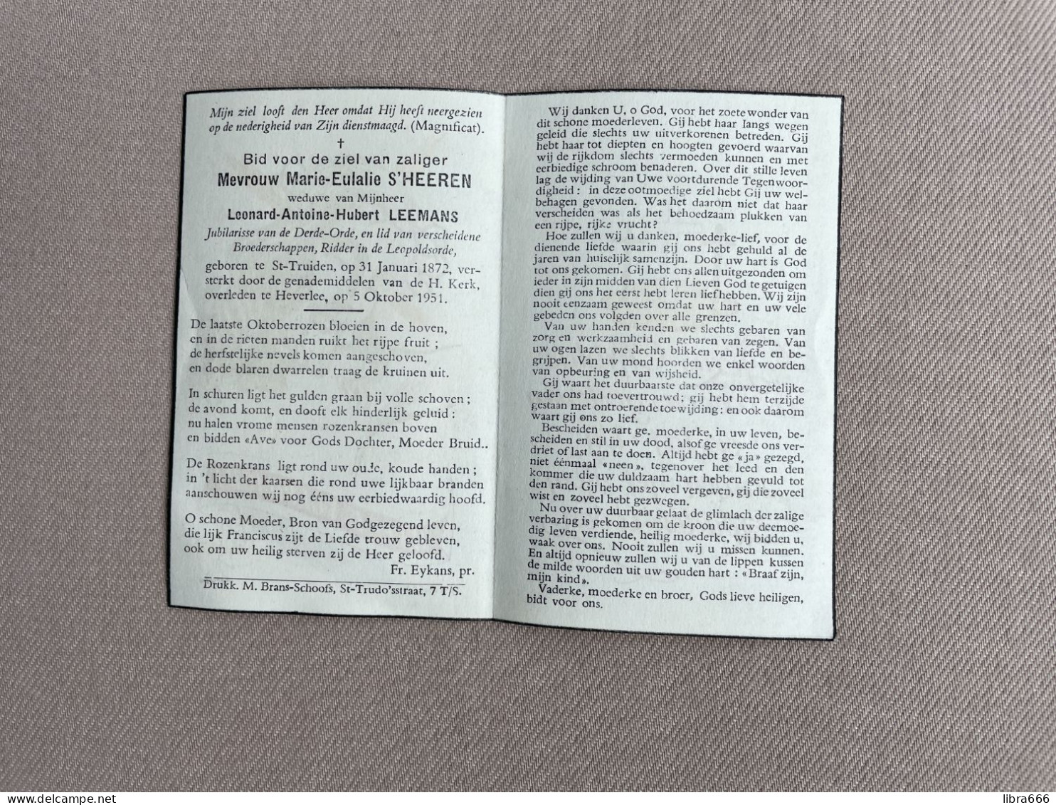 S'HEEREN Marie Eulalie °SINT-TRUIDEN 1872 +HEVERLEE 1951 - LEEMANS - Ridder In De Leopoldsorde - Obituary Notices