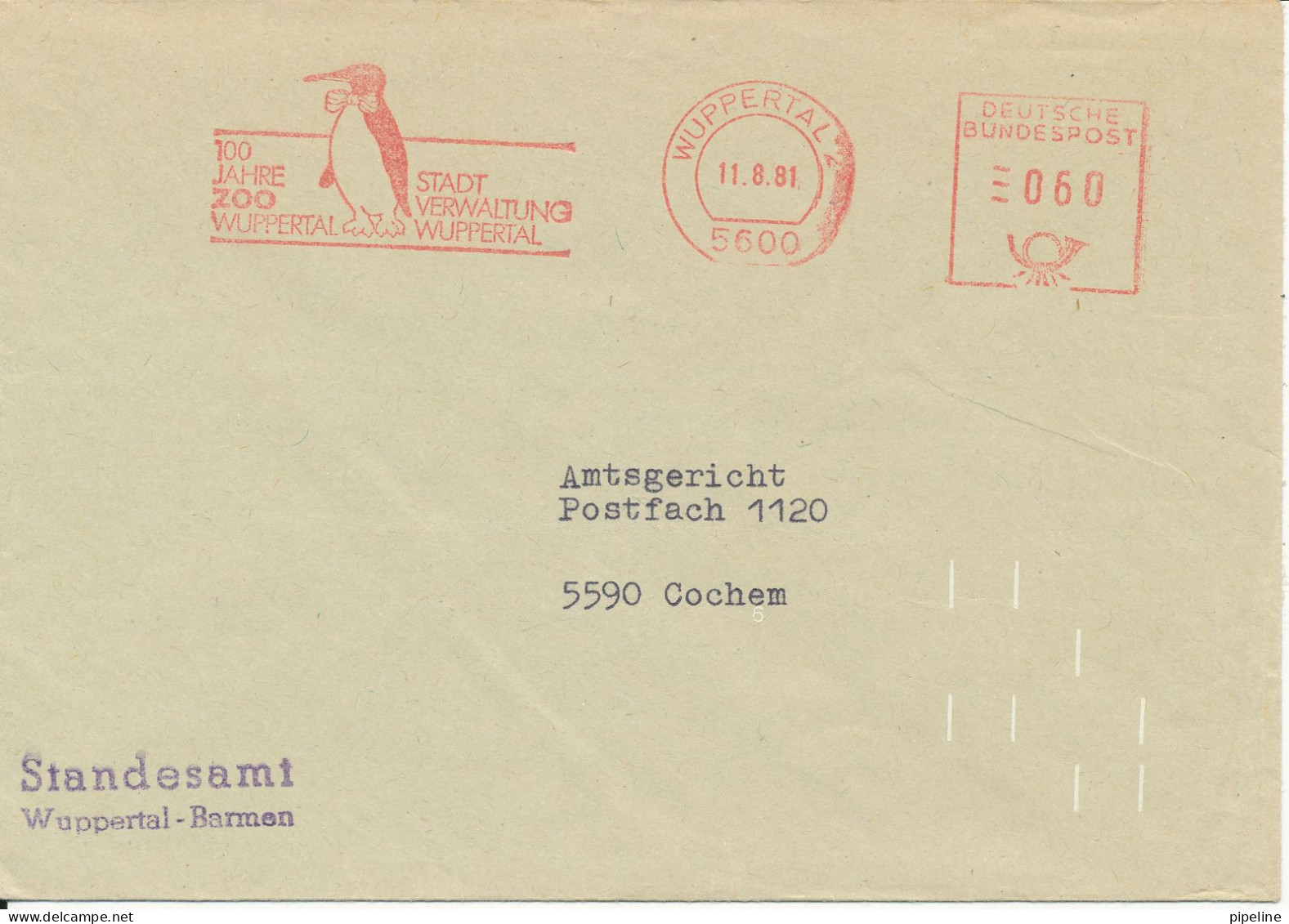 Germany Cover With Meter Cancel Wuppertal 11-8-1981 (100 Jahre ZOO Wuppertal Stadt Verwaltung With Penguin) - Sonstige & Ohne Zuordnung