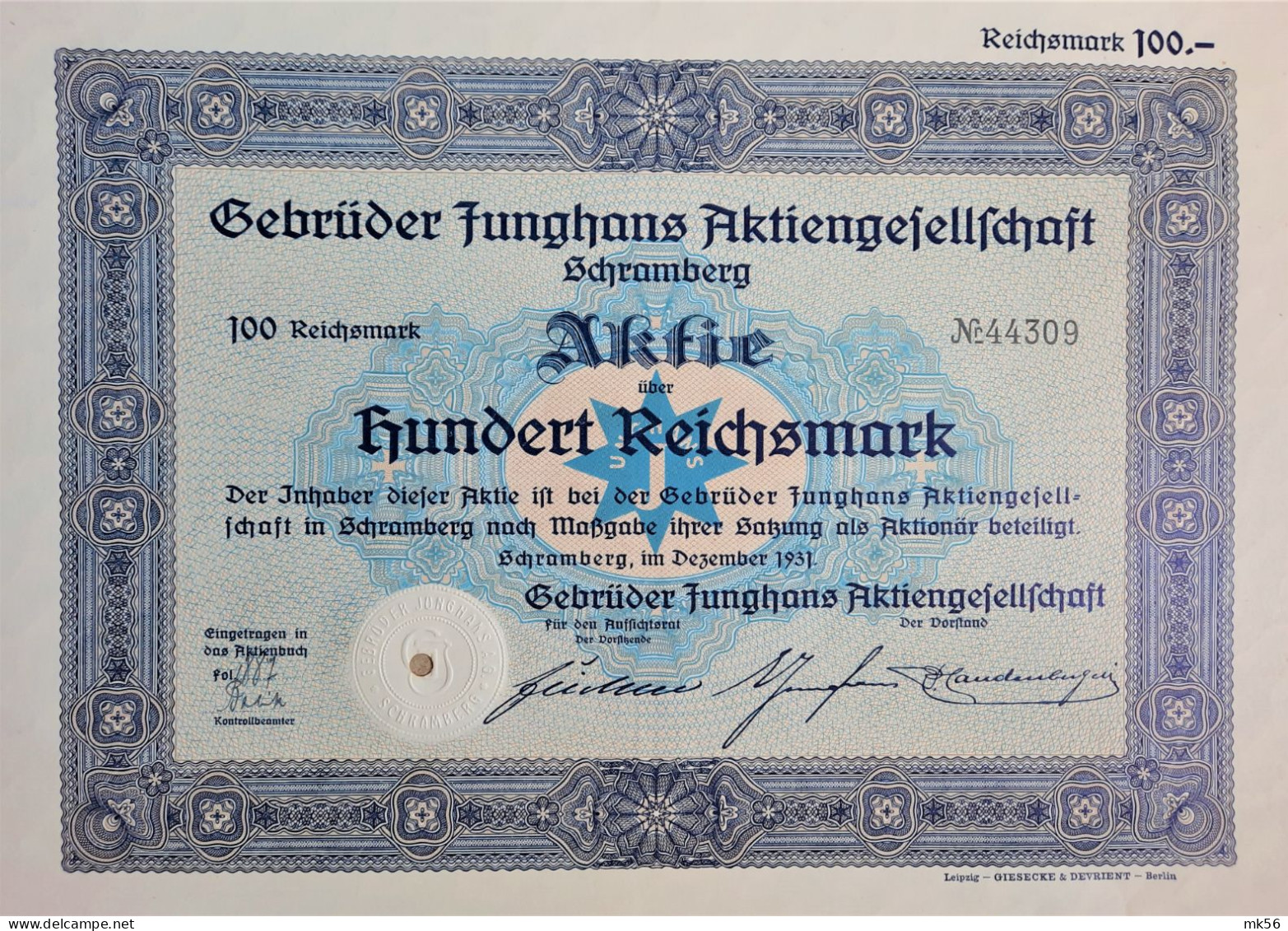 Gebrüder Junghans Aktiengesellschaft  - Schramberg - 1931 - Other & Unclassified