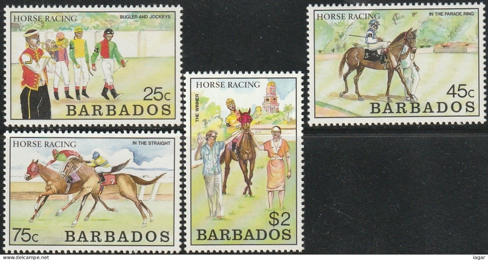 THEMATIC SPORT:  HORSE RACING. BUGLER AND JOCKEYS, IN PARADE RING, AT THE FINISH, LEADING IN THE WINNER    -    BARBADOS - Horses