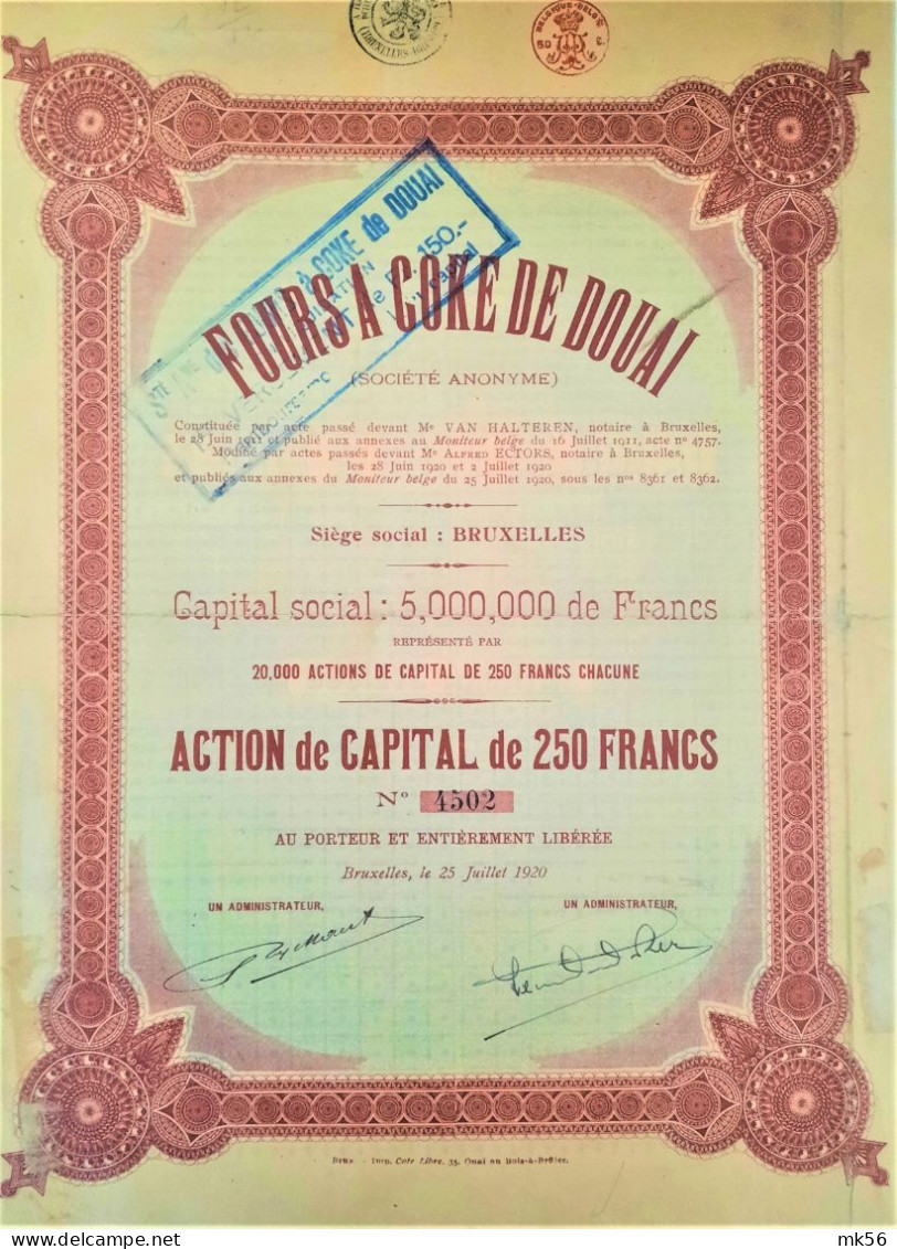 Fours à  Coke De Douai - Action De Capital De 250 Francs,(1920) - Industrie