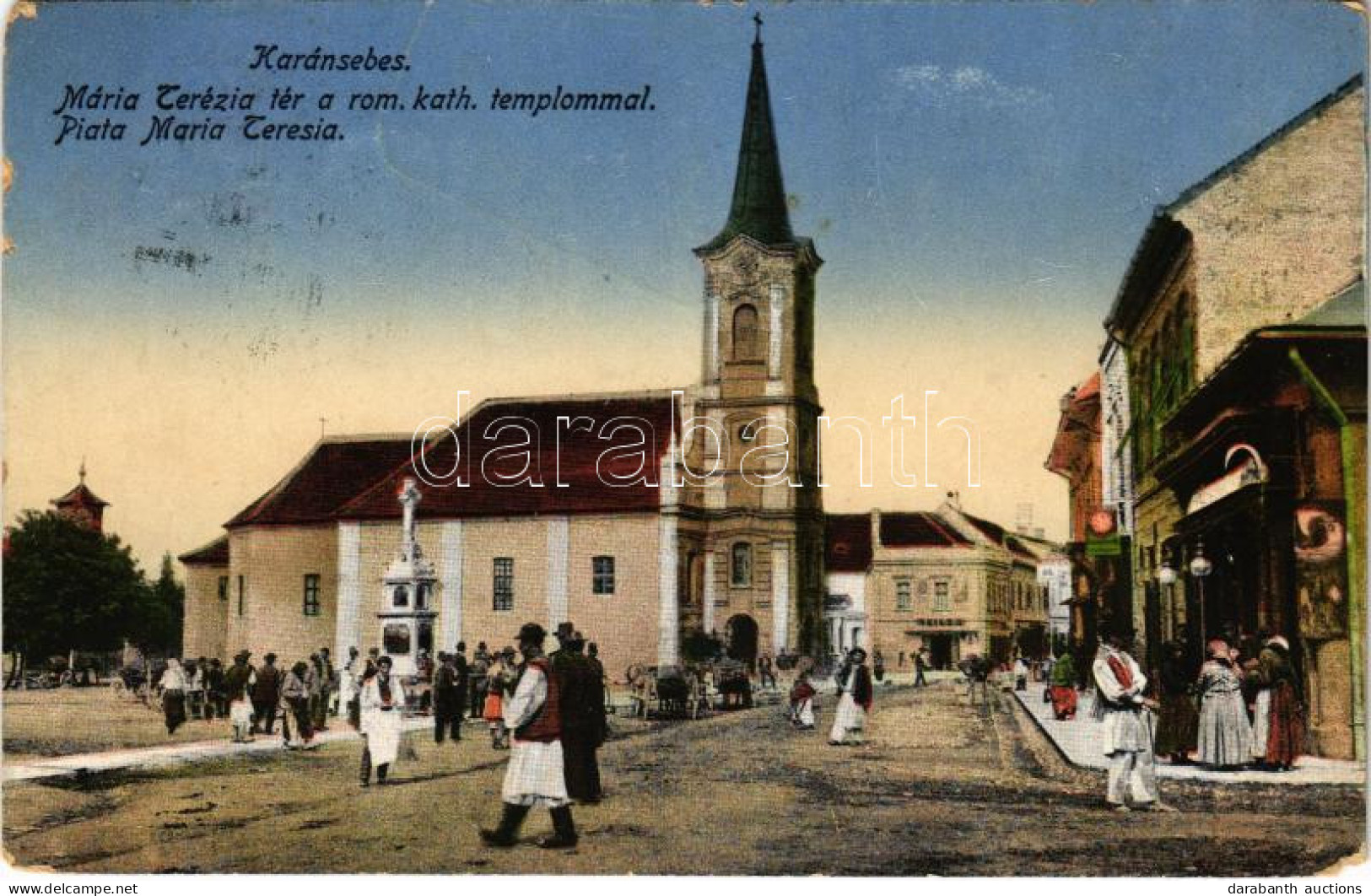 T3/T4 1916 Karánsebes, Caransebes; Mária Terézia Tér, Római Katolikus Templom, Piac, Reisz üzlete / Square, Church, Mark - Unclassified
