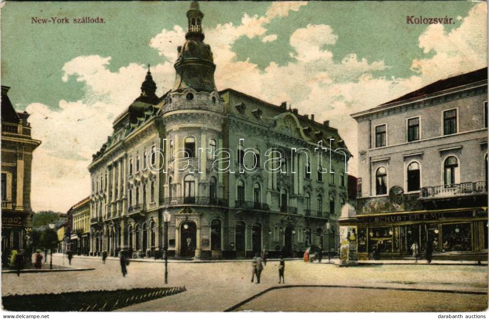 T2/T3 1912 Kolozsvár, Cluj; New York Szálloda, Schuster Emil üzlete és Saját Kiadása / Hotel, Shop (fl) - Unclassified