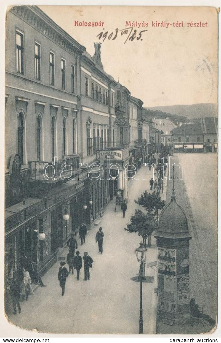 T3/T4 1908 Kolozsvár, Cluj; Mátyás Király Tér, Hirdetőoszlop, Takarék Betétek és Kávé üzlet. Fabritius Erik Kiadása / Sq - Unclassified