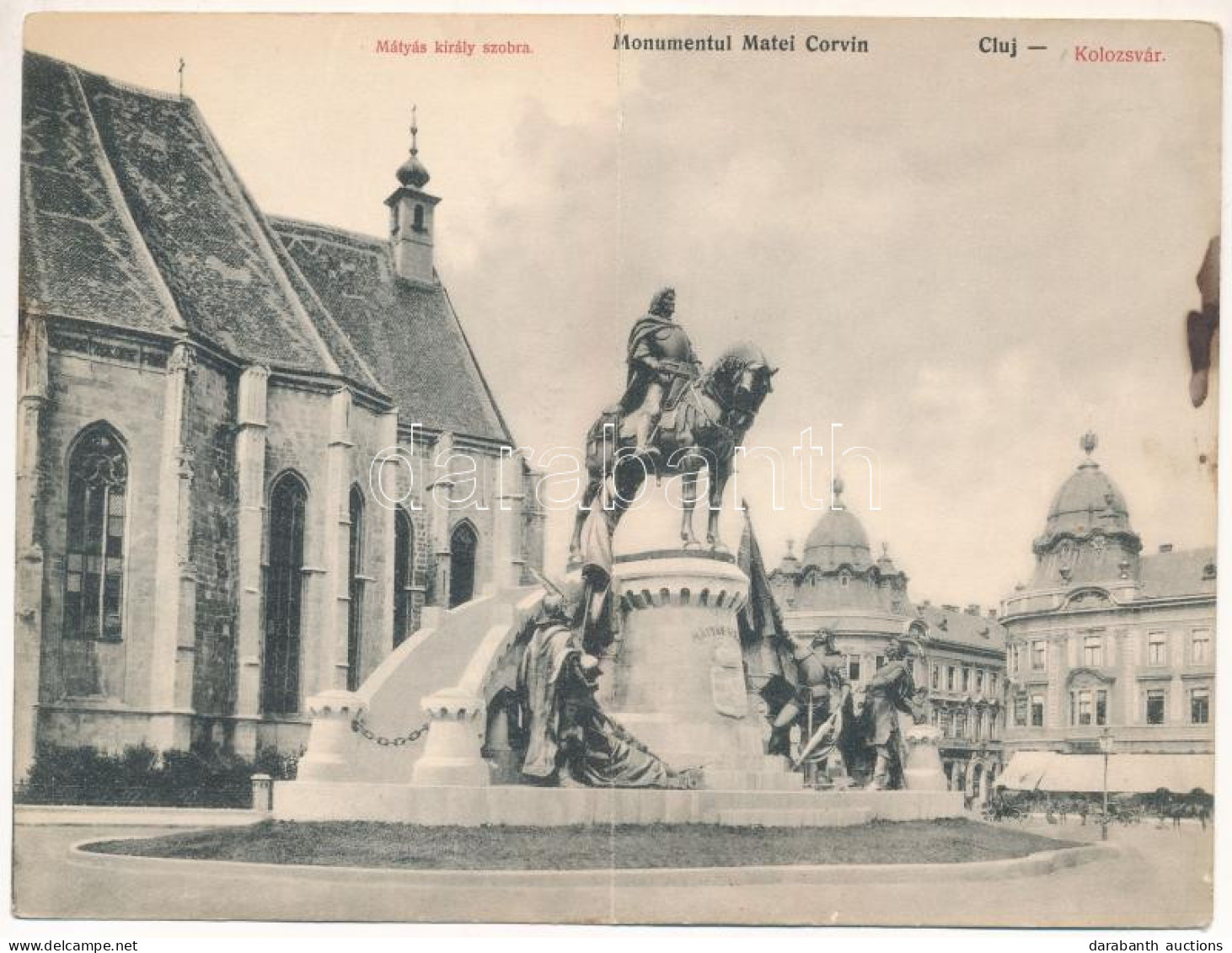 * T3 Kolozsvár, Cluj; Mátyás Király Szobra. 2-részes Kihajtható Panorámalap. Schuster Emil Kiadása / Monumentul Matei Co - Unclassified