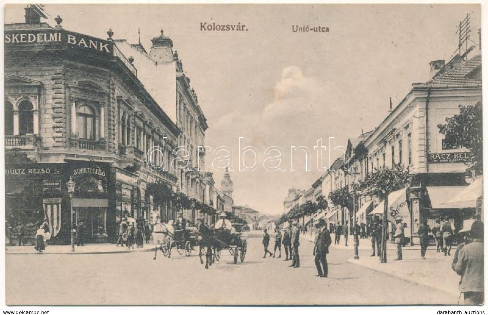 ** T2/T3 Kolozsvár, Cluj; Unió Utca, Kereskedelmi Bank, Schultz Rezső, Rácz Béla üzlete. Gombos Ferenc Kiadása / Street  - Unclassified