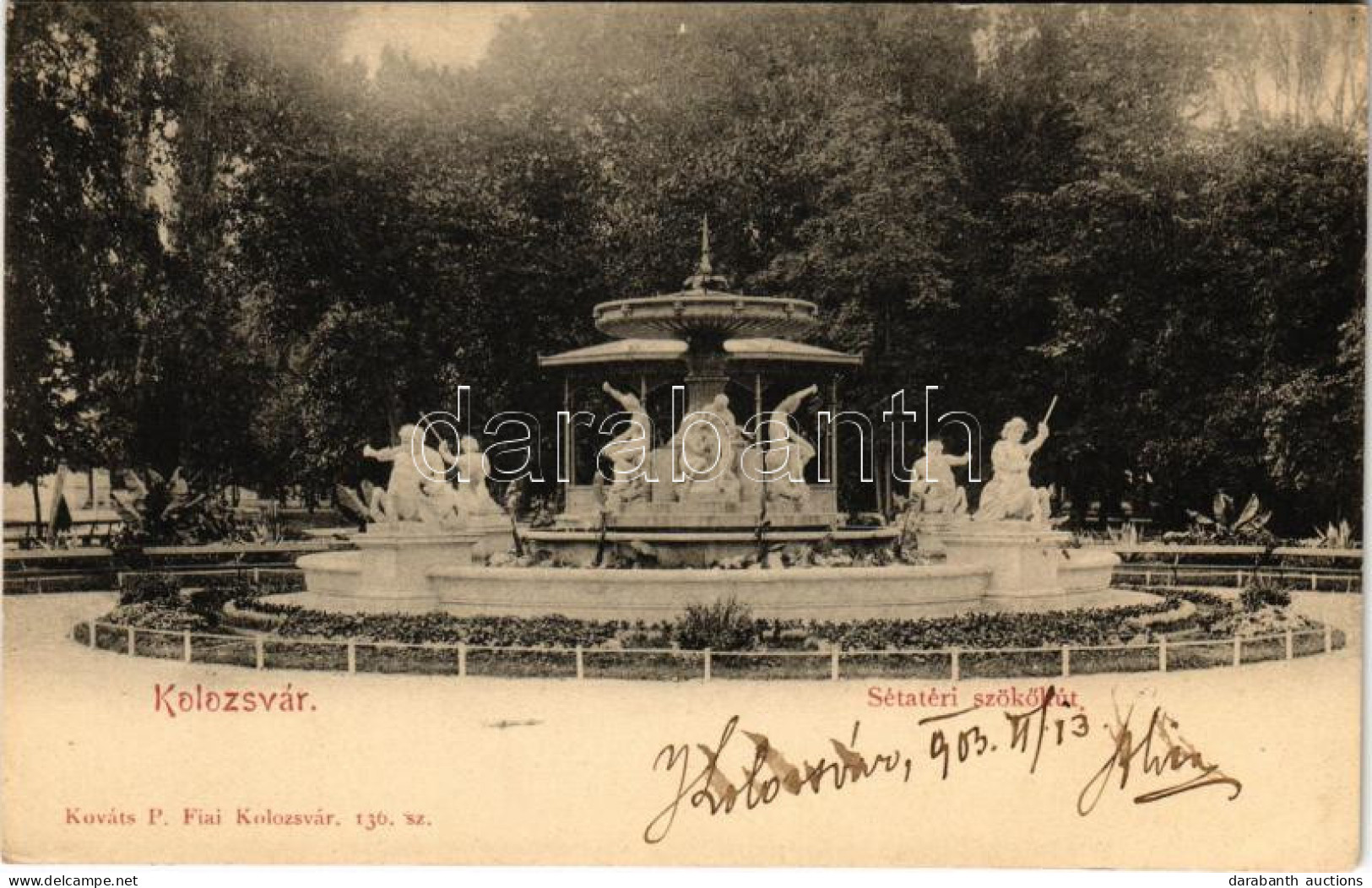 T2/T3 1903 Kolozsvár, Cluj; Sétatéri Szökőkút. Kováts P. Fiai 136. Sz. / Promenade, Fountain (EK) - Unclassified