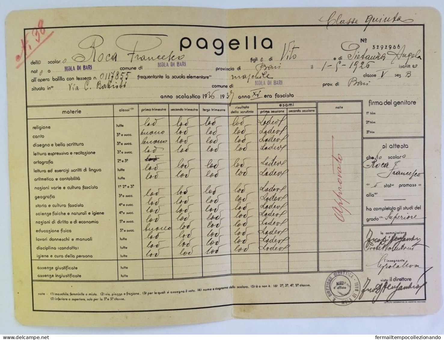 Bp132 Pagella Fascista Regno D'italia Opera Balilla Mola Di Bari 1937 - Diplômes & Bulletins Scolaires