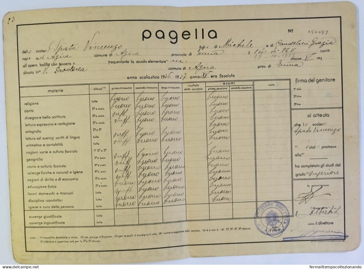 Bp134 Pagella Fascista Regno D'italia Opera Balilla Agira Enna 1937 - Diploma & School Reports