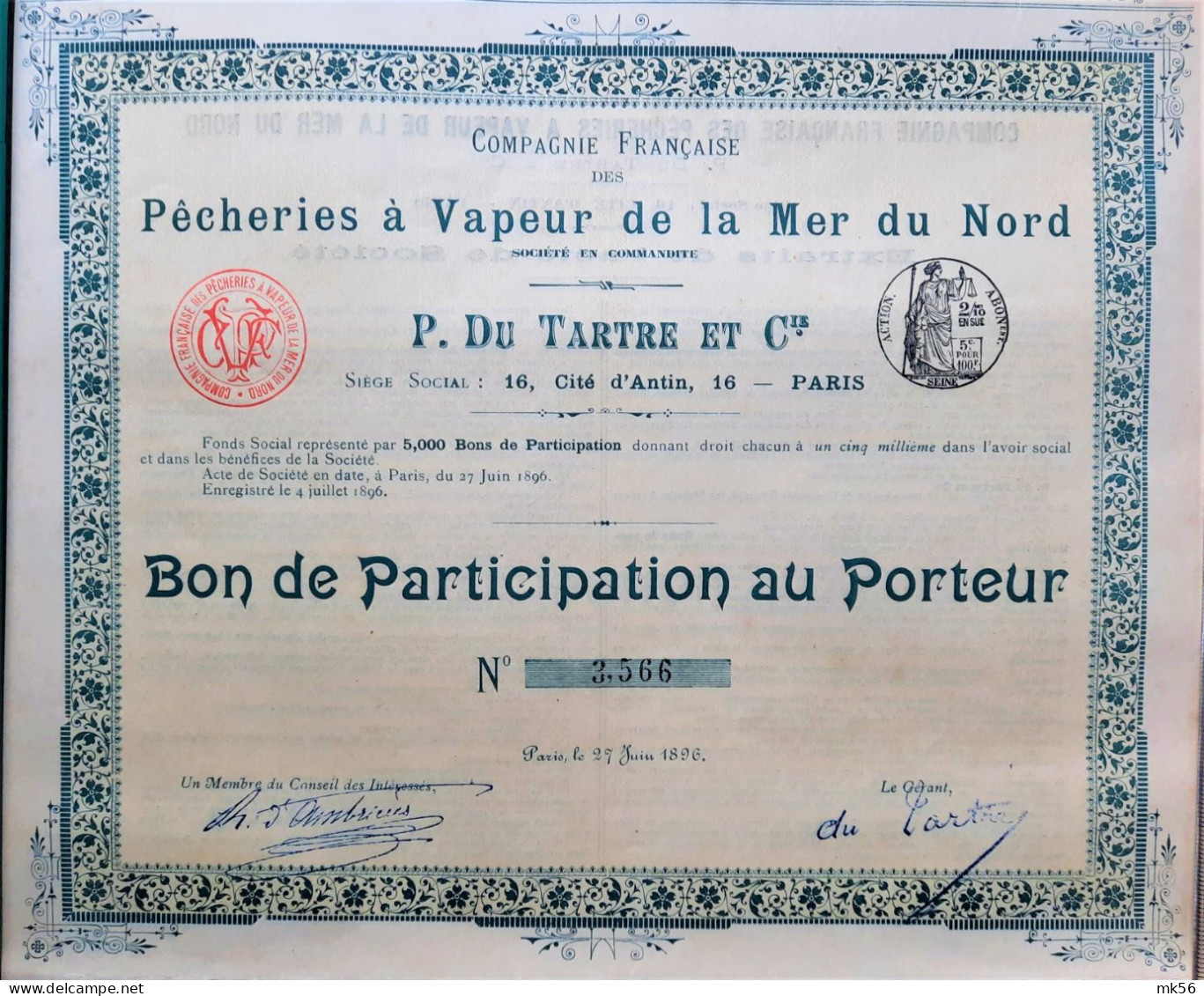 Pêcheries à Vapeur  De La Mer Du Nord - Paris - 1896  !! - Bon De Participation - Mines