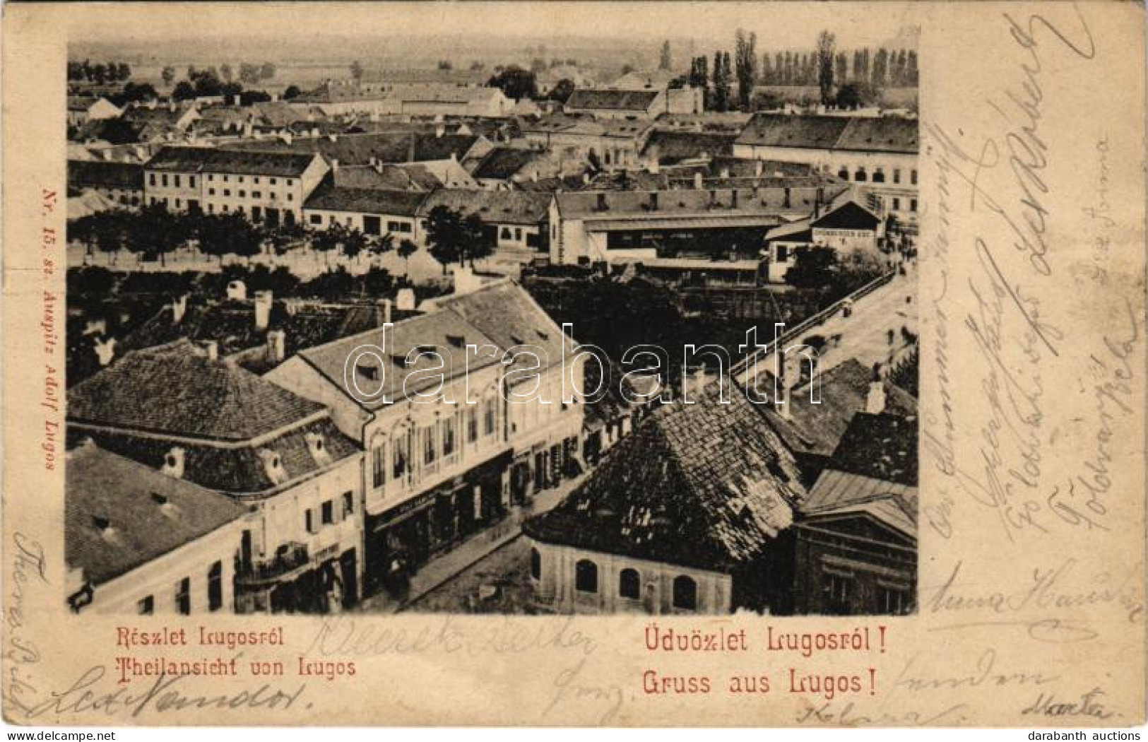 * T2/T3 1901 Lugos, Lugoj; Látkép, Grünberger Ede üzlete. Auspitz Adolf Kiadása / General View, Shops (EB) - Unclassified