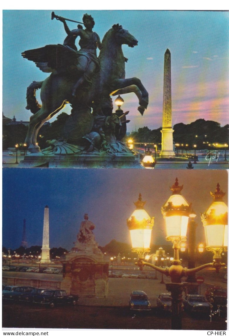 75 - 2 CARTES - PARIS - PLACE DE LA CONCORDE - OBELISQUE  ET STATUE DU CHEVAL AILE DE COYSEVOX + AUTO AUTOMOBILE - Plazas