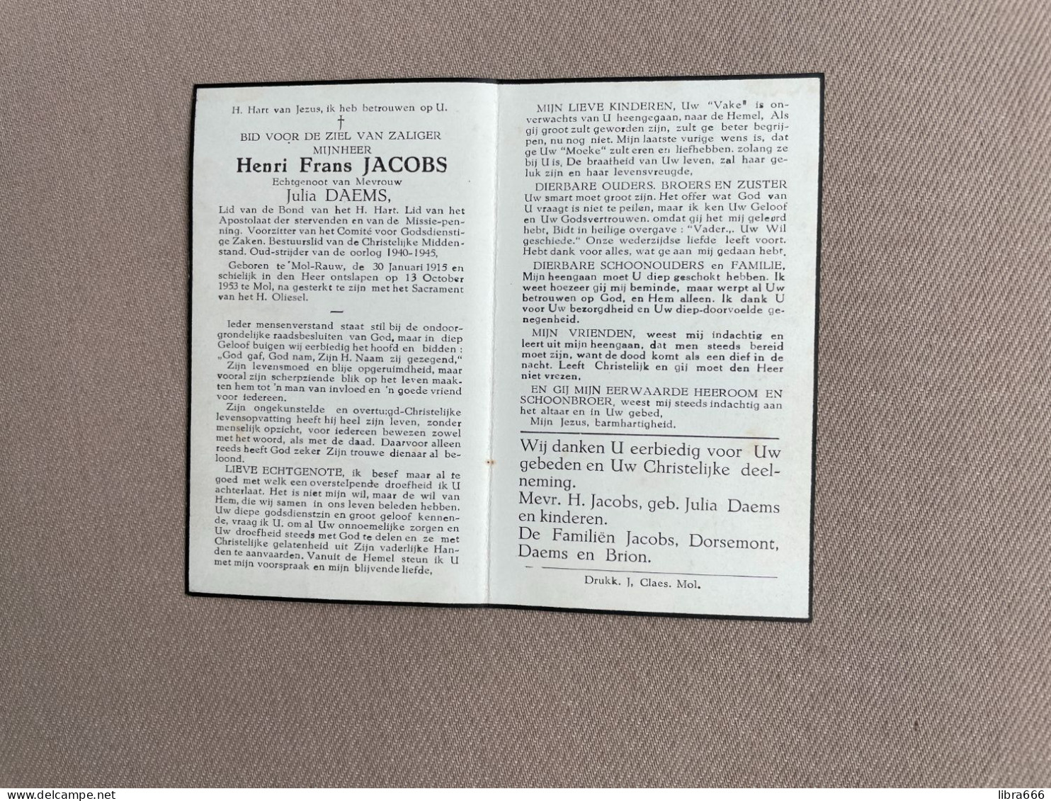 JACOBS Henri Frans °MOL-RAUW 1915 +MOL 1953 - DAEMS - DORSEMONT - BRION - Obituary Notices