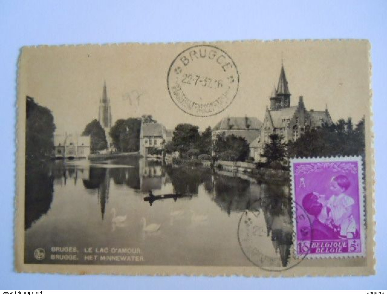 Belgie Reine Koningin Astrid 1937 Cob 447 Op Sur Cp Brugge Le Lac D'amour Het Minnewater (703) - Briefe U. Dokumente