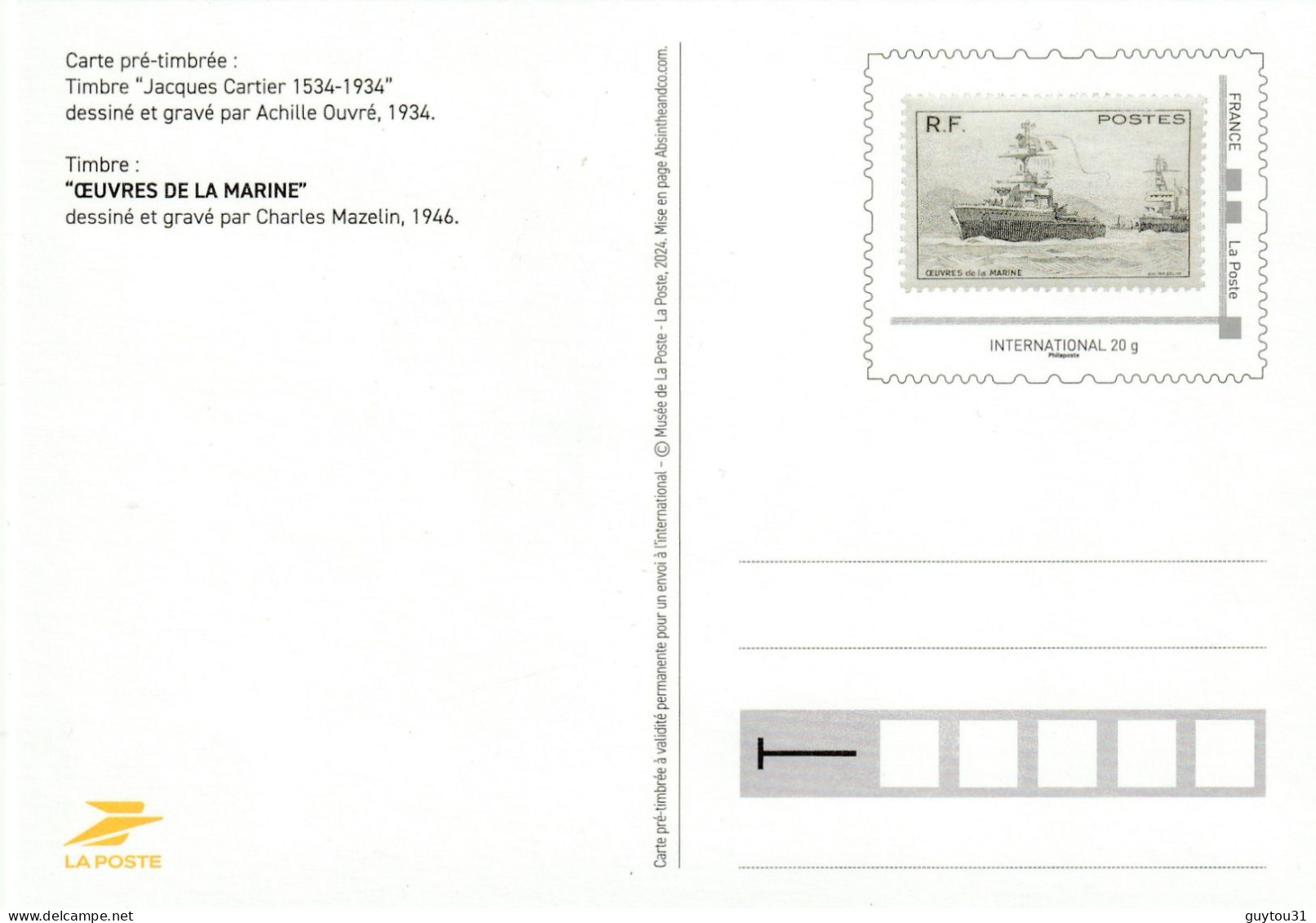 Frane 2024 : Carte Pré-timbrée Oeuvres De La Marine. Timbre Jacques Cartier - PAP:  Varia (1995-...)