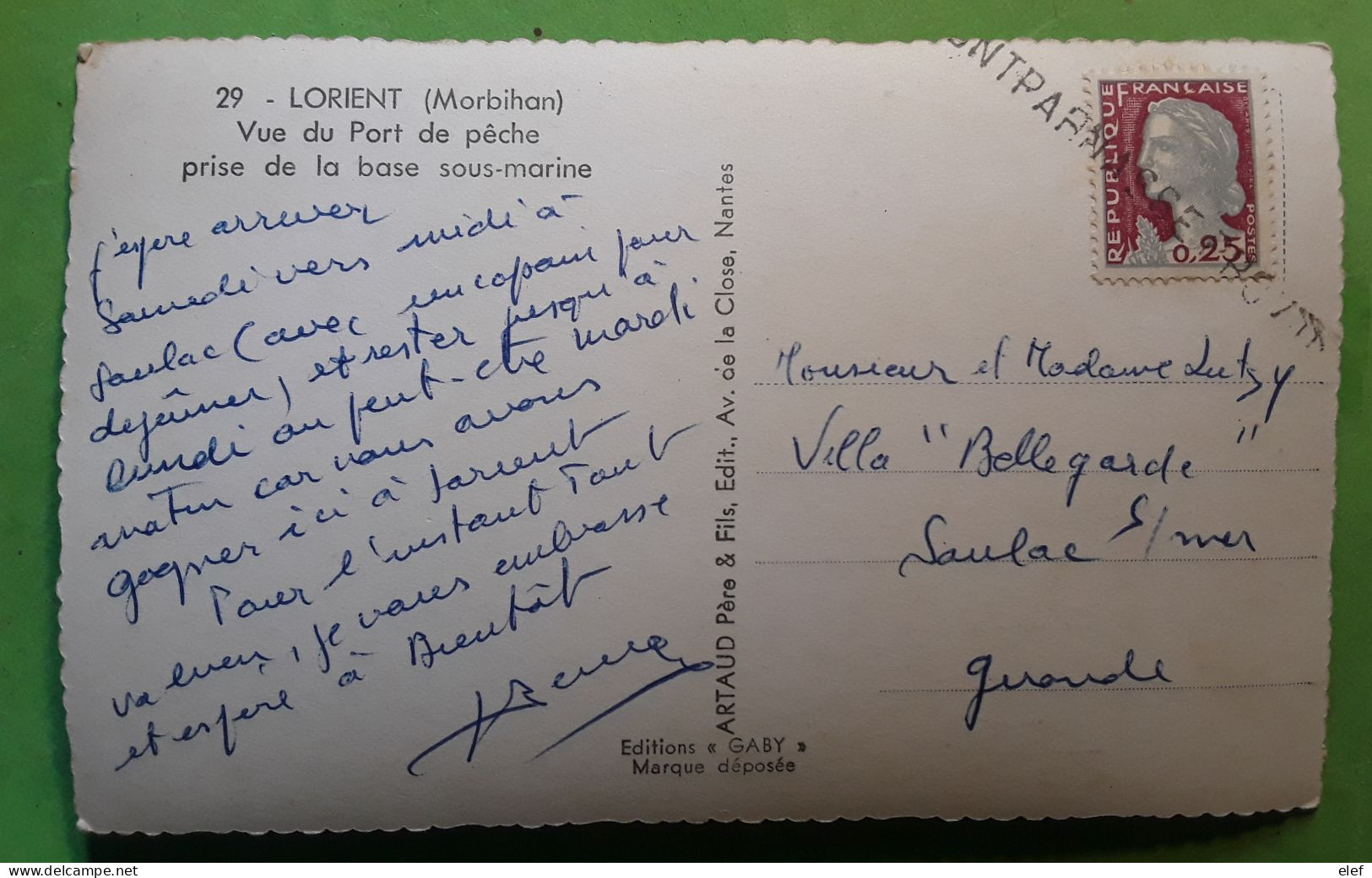 Griffe MONTPARNASSE PROV.? Marianne Decaris , Carte Lorient Morbihan Port De Pêche Base Sous Marine > Soulac 1962 - Handstempel