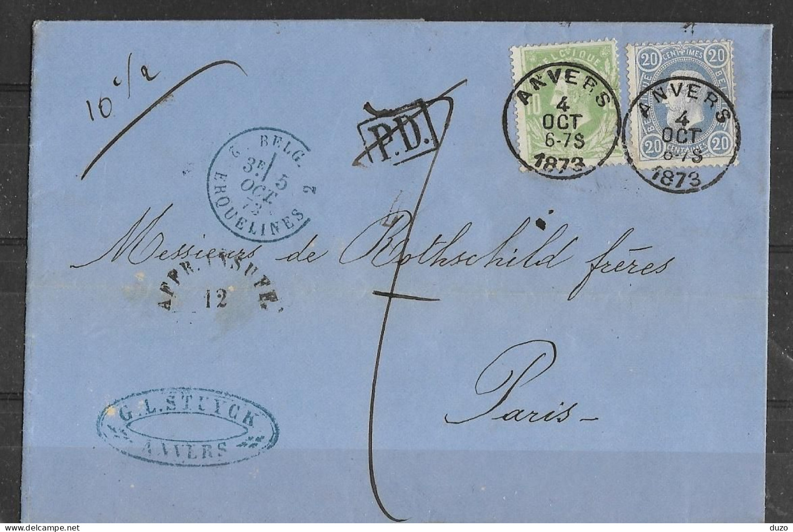Belgique LSC De Anvers 4/10/73 -  Y&T N°30/31- Aff. Insuff Taxé Entrée Belg 2 Erquelines >>>> Pour Rothschild Paris. - 1869-1883 Léopold II