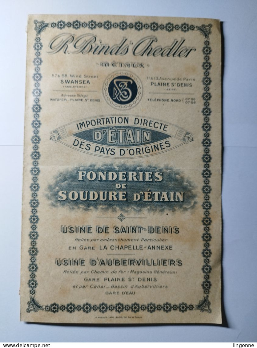 TARIF BINDS CHEDLER METAUX D'ETAIN FONDERIE De SOUDURE D'ETAIN USINE SAINT-DENIS Et AUBERVILLIERS Soudure ZINIT - Publicités