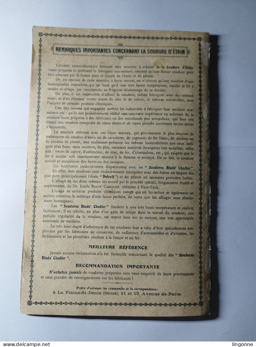 TARIF BINDS CHEDLER METAUX D'ETAIN FONDERIE De SOUDURE D'ETAIN USINE SAINT-DENIS Et AUBERVILLIERS Soudure ZINIT - Advertising